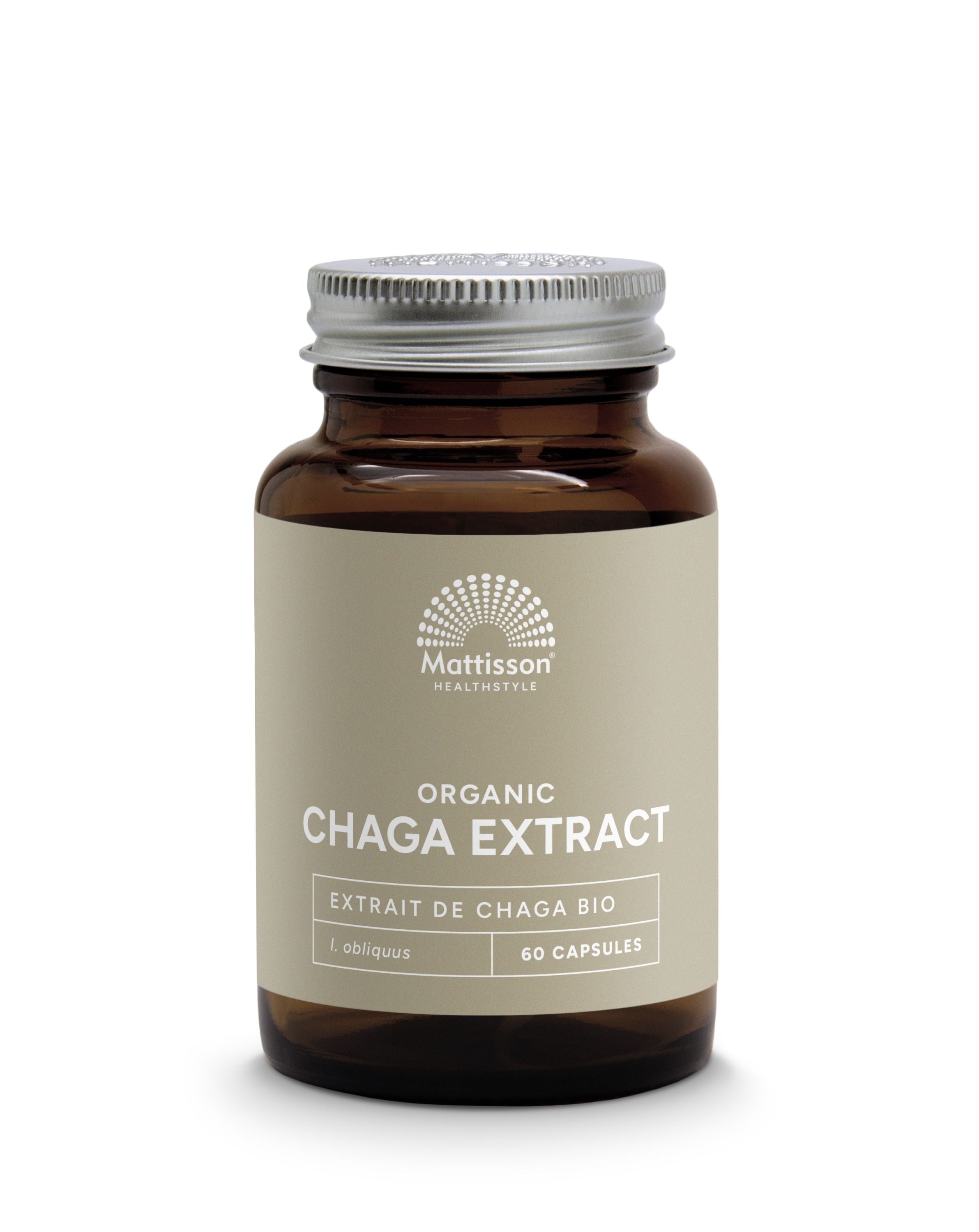 Mattisson Chaga extract bio capsules, herbal supplement in a bottle with 60 capsules for health support.
