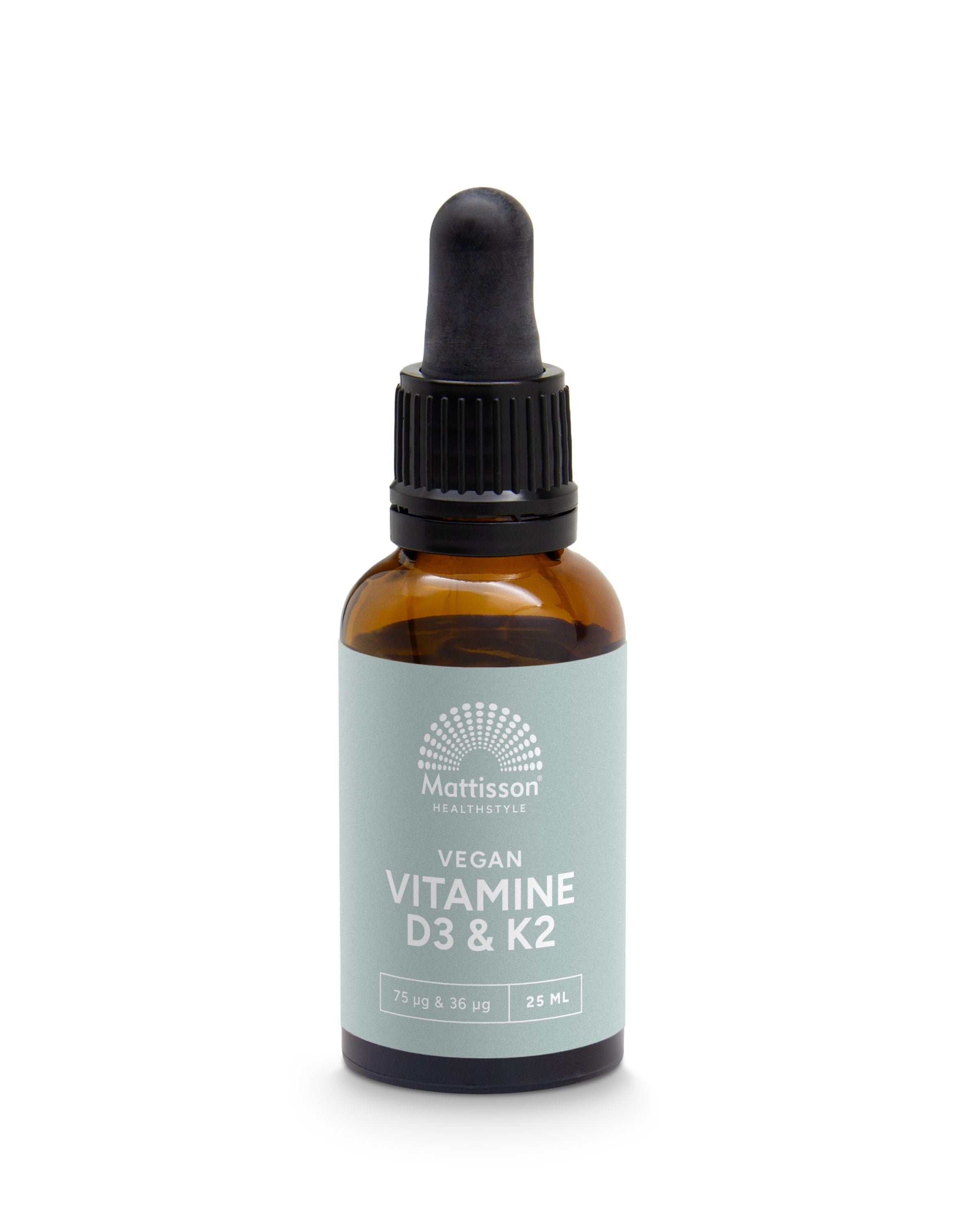 Mattisson vegan Vitamin D3/K2 drops in a 25ml bottle, showing the supplement with dropper for daily health support.