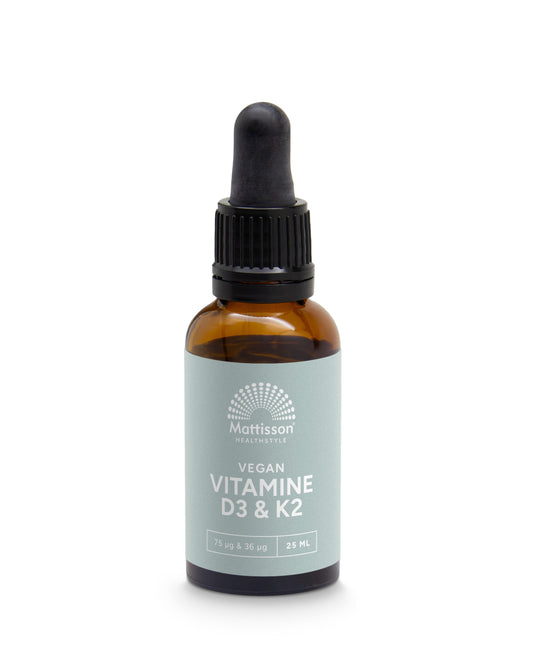 Mattisson vegan Vitamin D3/K2 drops in a 25ml bottle, showing the supplement with dropper for daily health support.