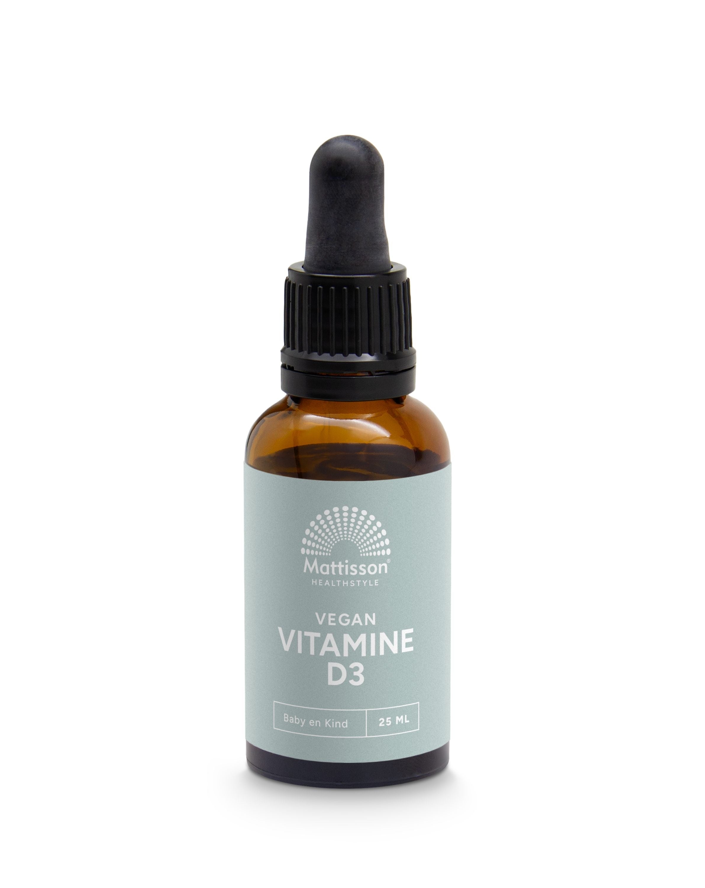 Mattisson Vitamine D3 baby and kids vegan drops in 25ml bottle, showing the packaging with dropper and label.