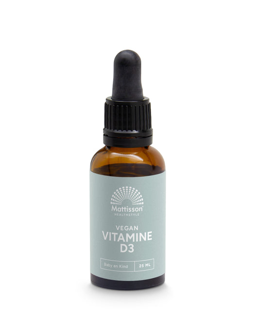 Mattisson Vitamine D3 baby and kids vegan drops in 25ml bottle, showing the packaging with dropper and label.