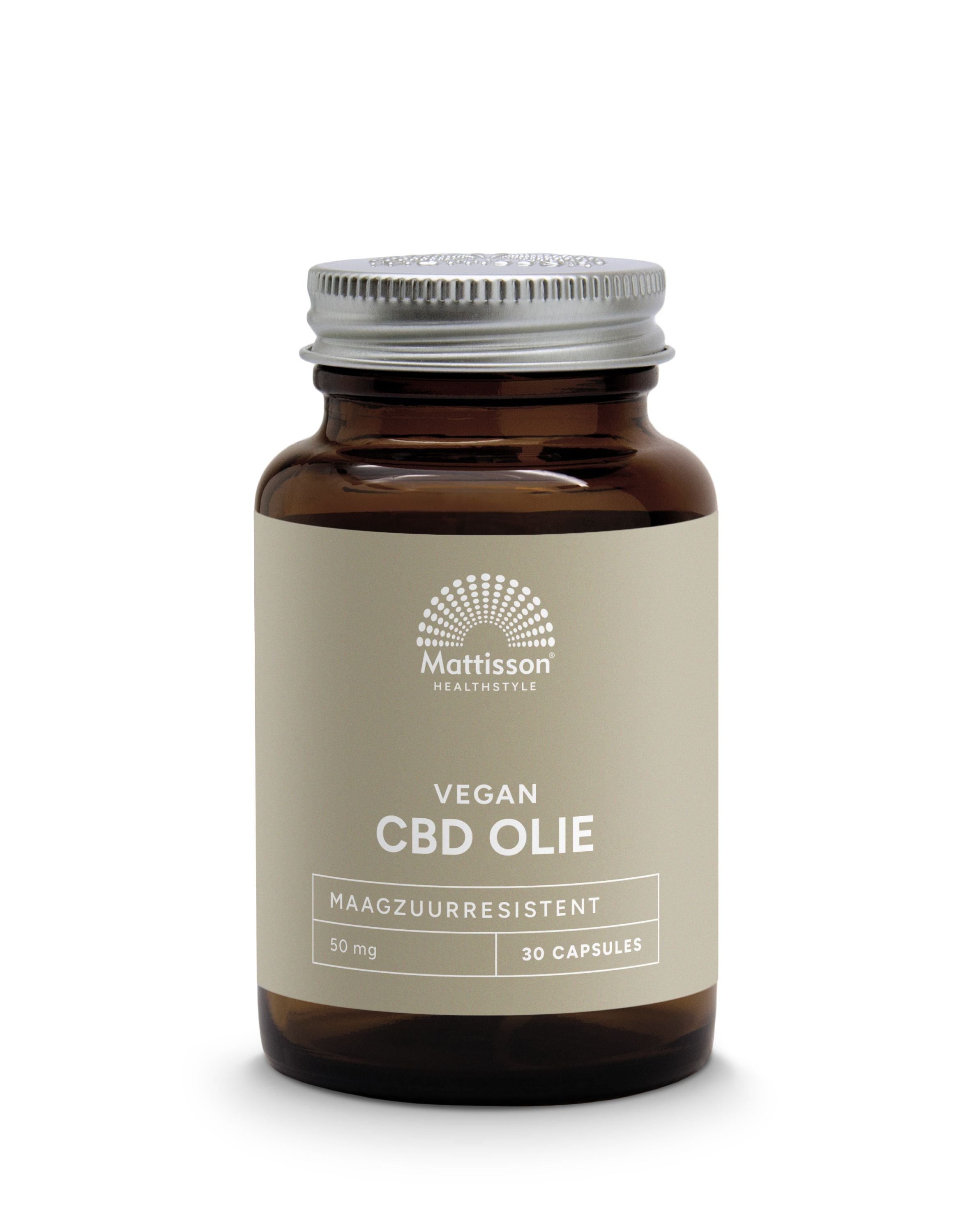 Mattisson CBD olie 50mg vegetarian capsules in a container, herbal supplement for wellness and natural health.