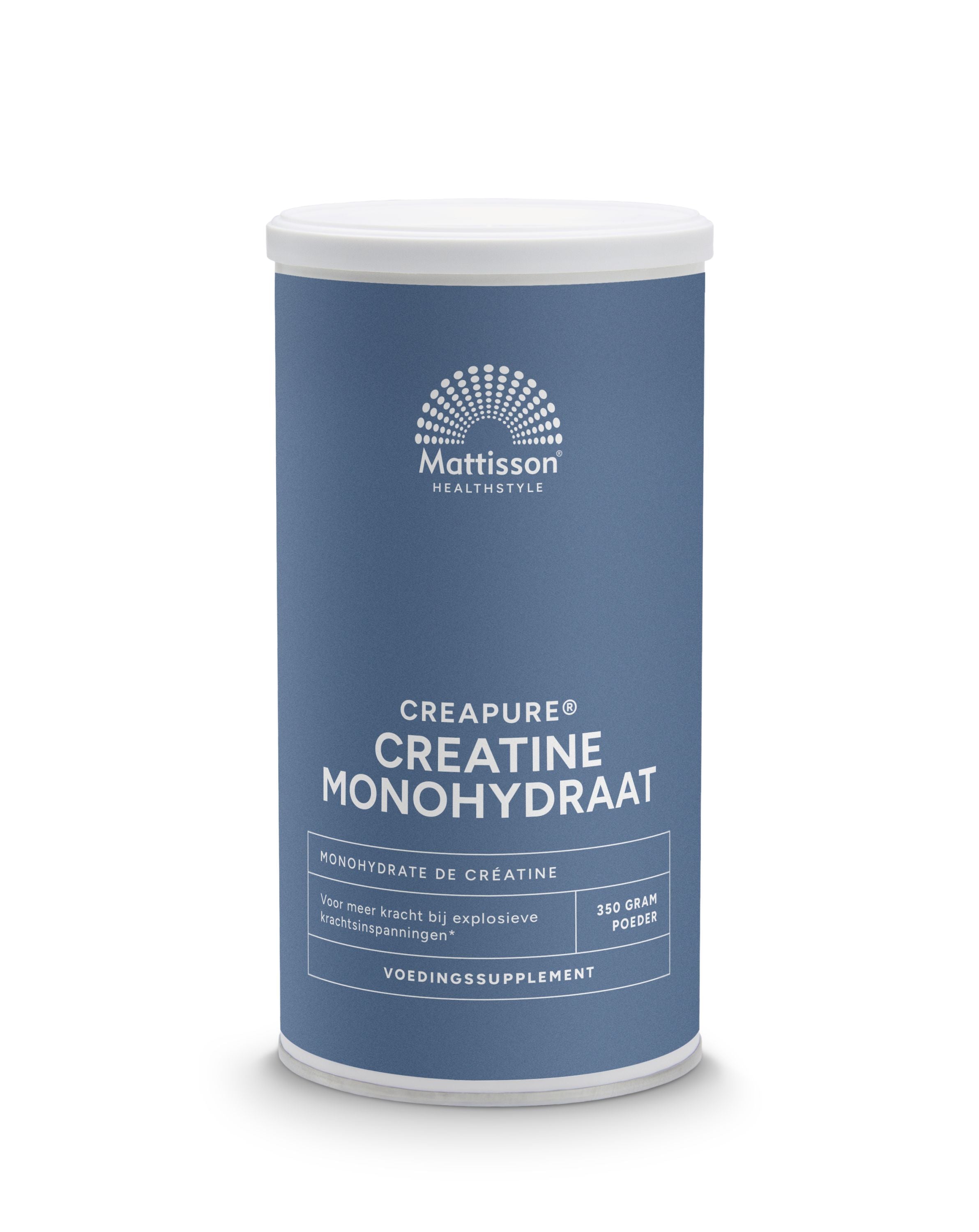Mattisson Creatine Monohydrate powder in a 350g container, showing the supplement packaging and product label.