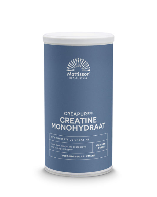 Mattisson Creatine Monohydrate powder in a 350g container, showing the supplement packaging and product label.
