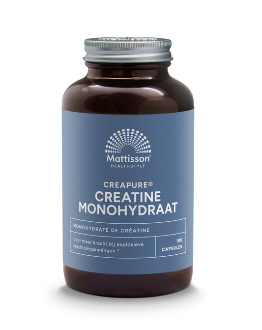 Vegetarian Mattisson Creatine Monohydrate Creapure capsules, dietary supplement for muscle support, shown in blister pack.