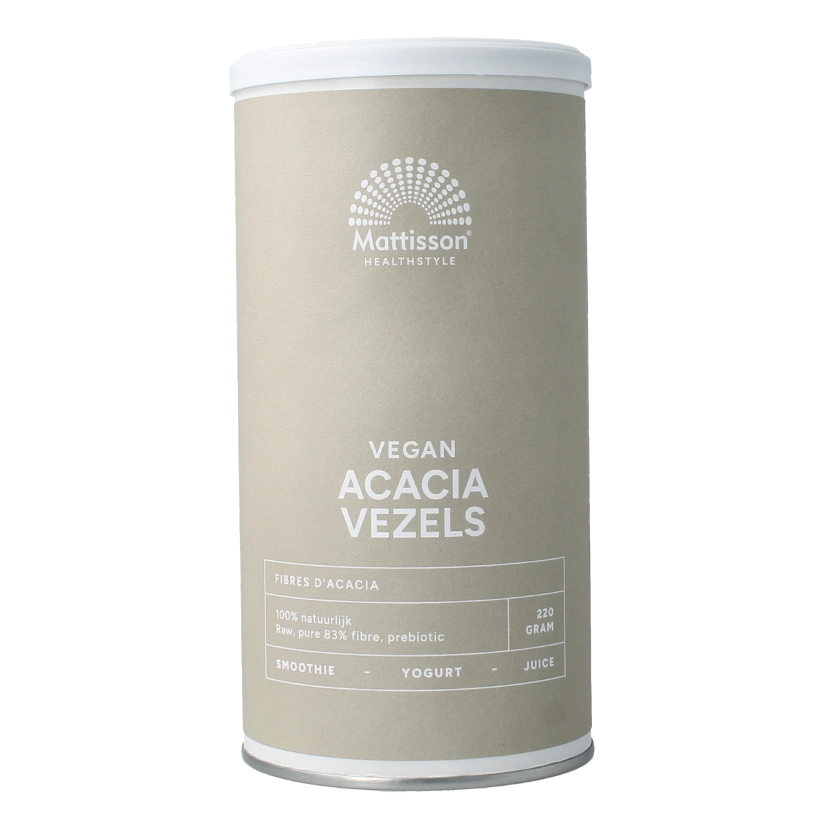 Mattisson vegan acacia fibers in 220g package, natural kruidpreparaten with 83% fiber content, shown in the image.