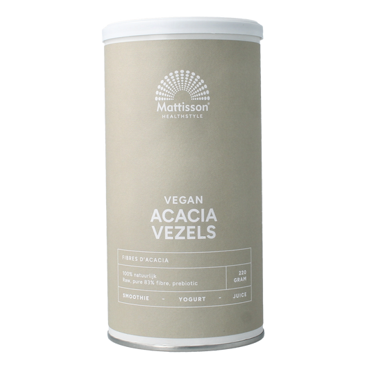 Mattisson vegan acacia fibers in 220g package, natural kruidpreparaten with 83% fiber content, shown in the image.