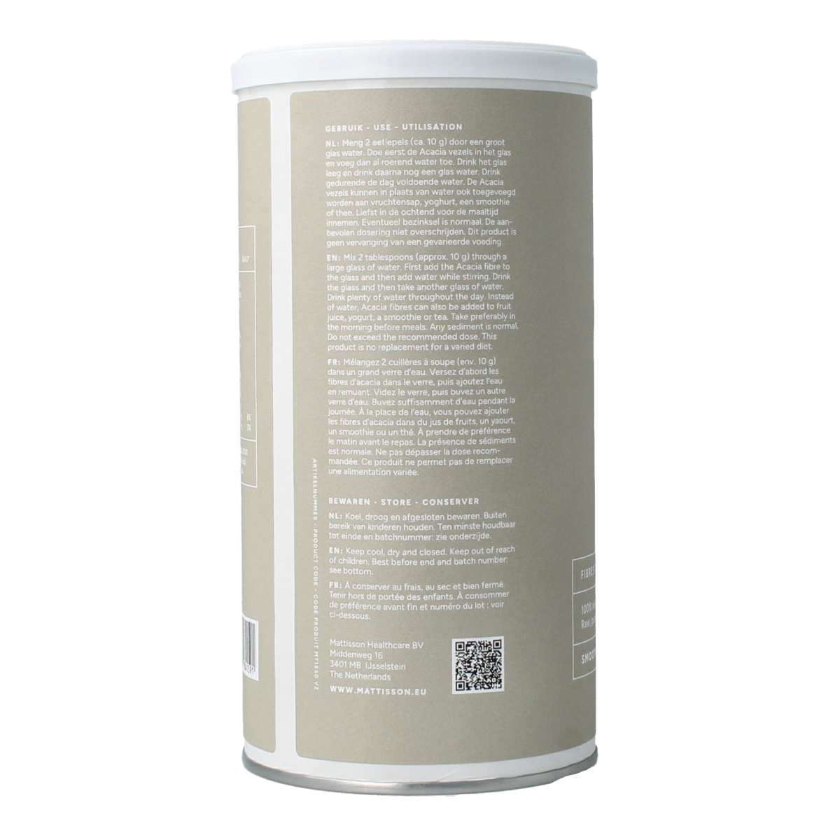 Mattisson Vegan Acacia Vezels, 83% fiber, 220g, in a clear container, part of kruidenpreparaten dietary supplement.