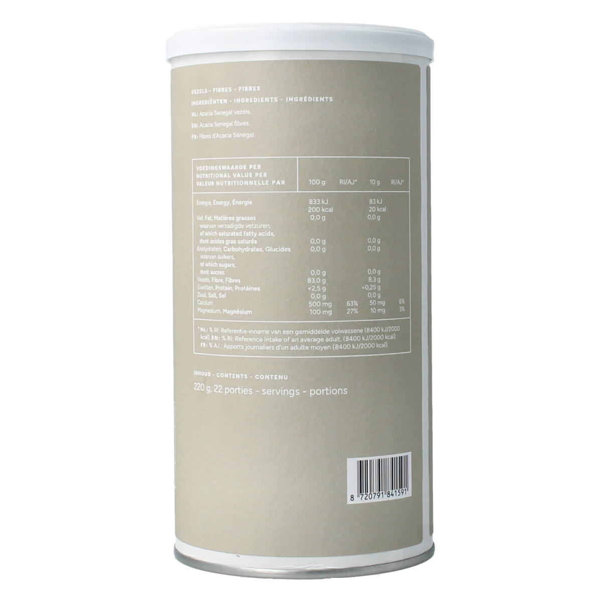 Mattisson Vegan acacia fibers, 83%, 220g, in a clear container, used for herbal preparations and dietary supplements.