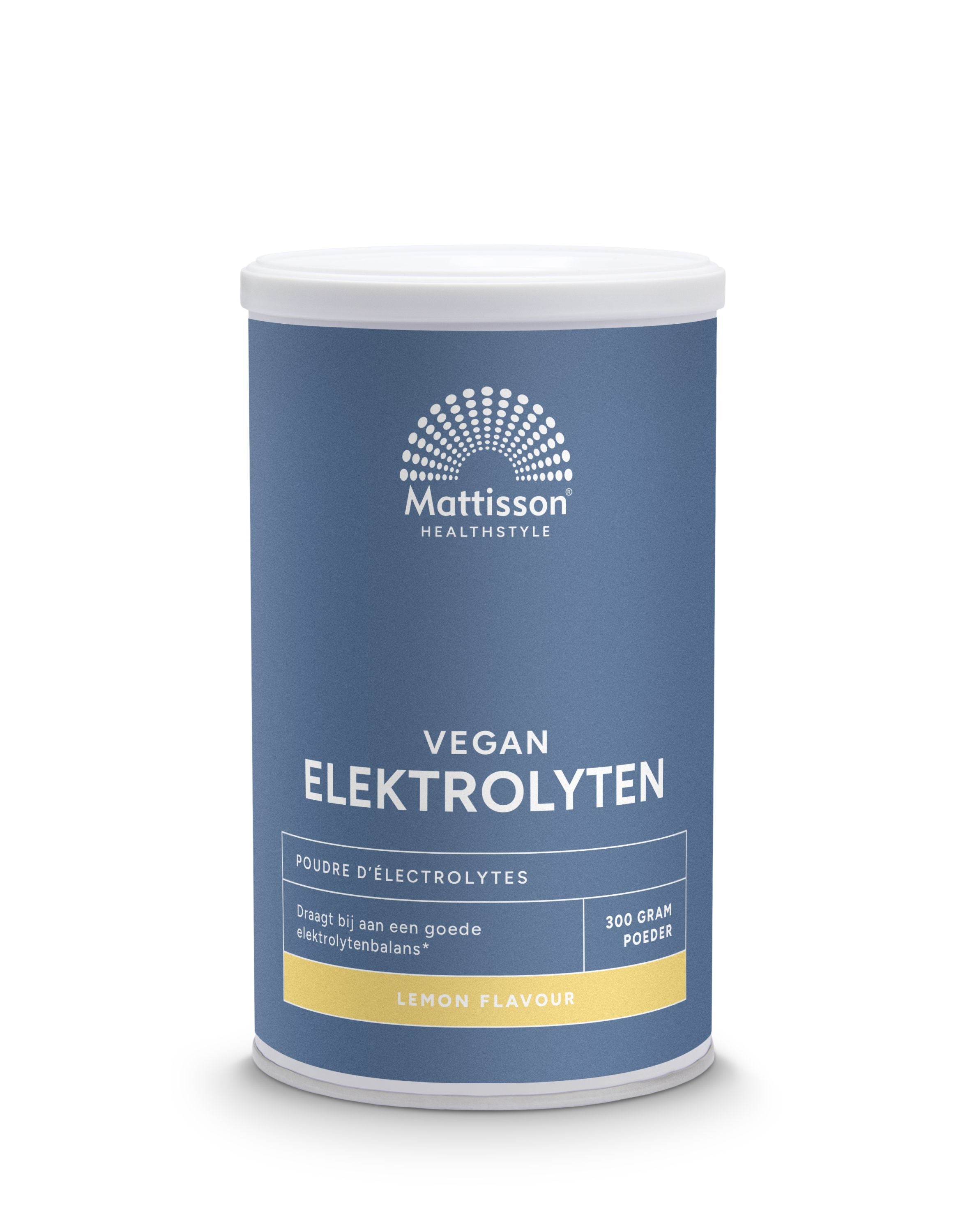 Mattisson Elektrolyten poeder lemon in a 300g package, raw superfood with lemon flavor, shown in a clear container.