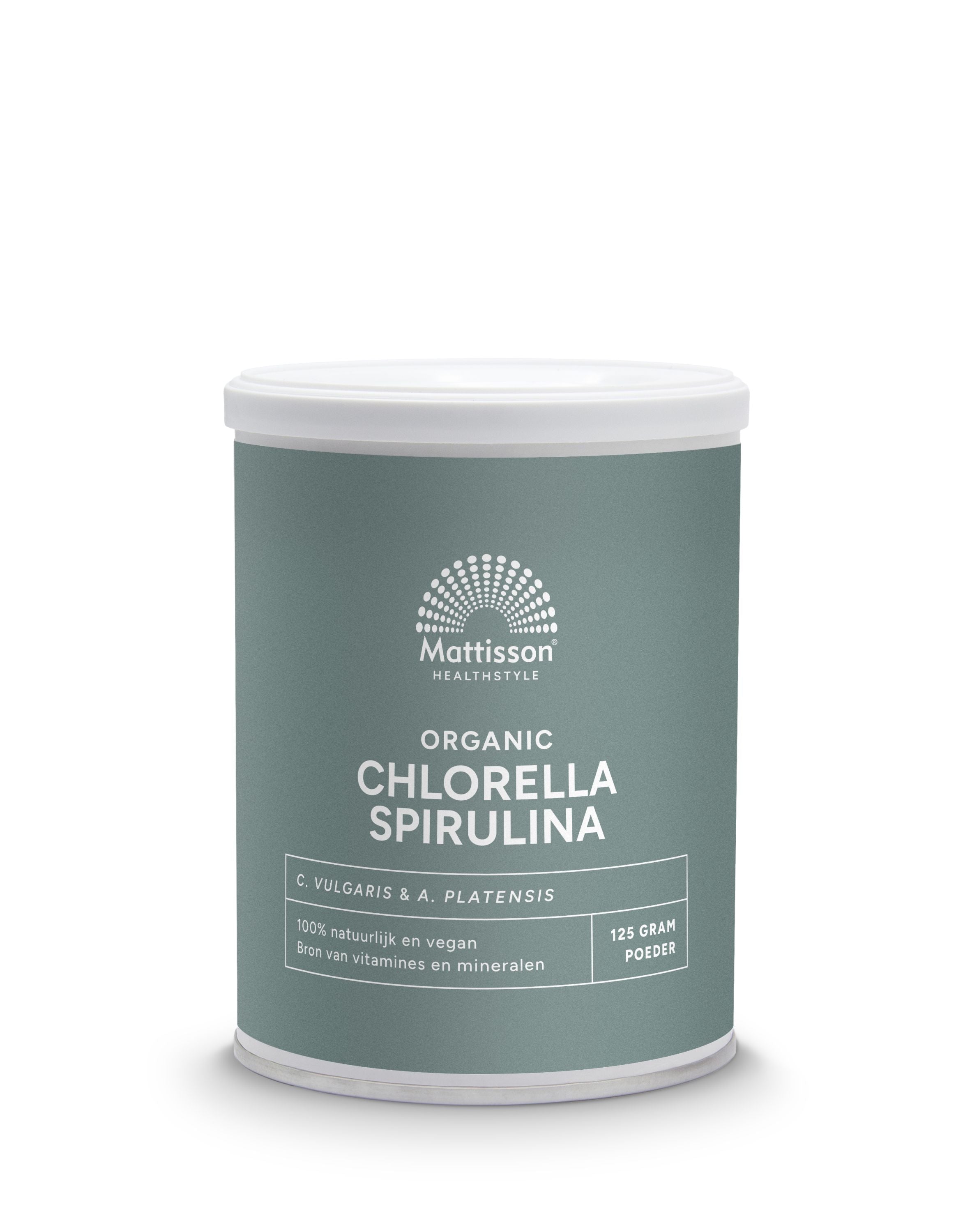 Mattisson Organic chlorella and spirulina powder in 125g package, herbal supplement from Kruidenpreparaten line