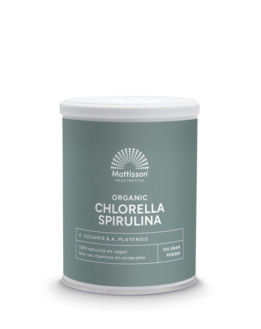 Mattisson Organic chlorella and spirulina powder in 125g package, herbal supplement from Kruidenpreparaten line