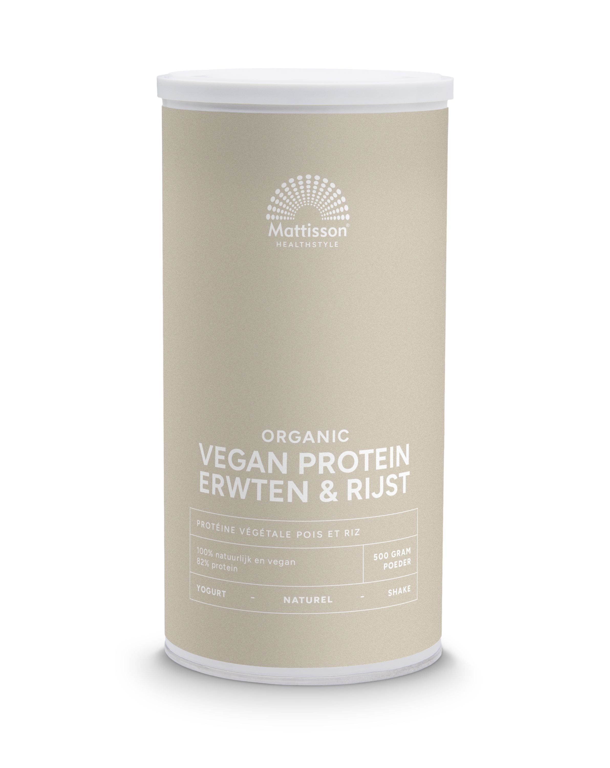 Vegan protein powder by Mattisson with pea and rice ingredients in 500g natural bio packaging for sports nutrition.