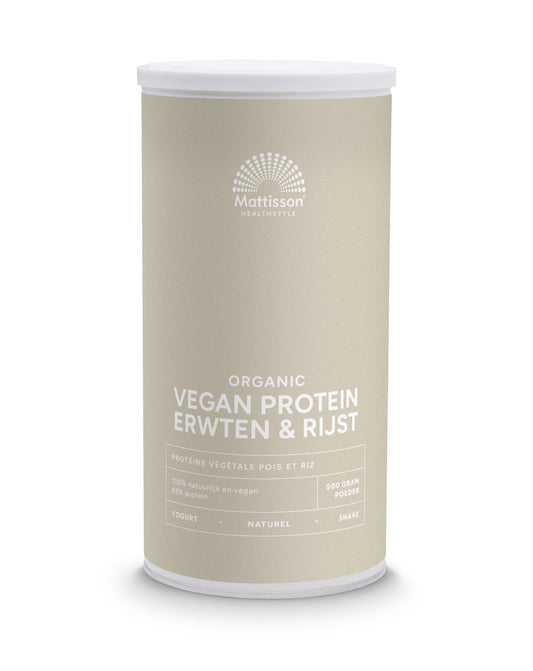 Vegan protein powder by Mattisson with pea and rice ingredients in 500g natural bio packaging for sports nutrition.