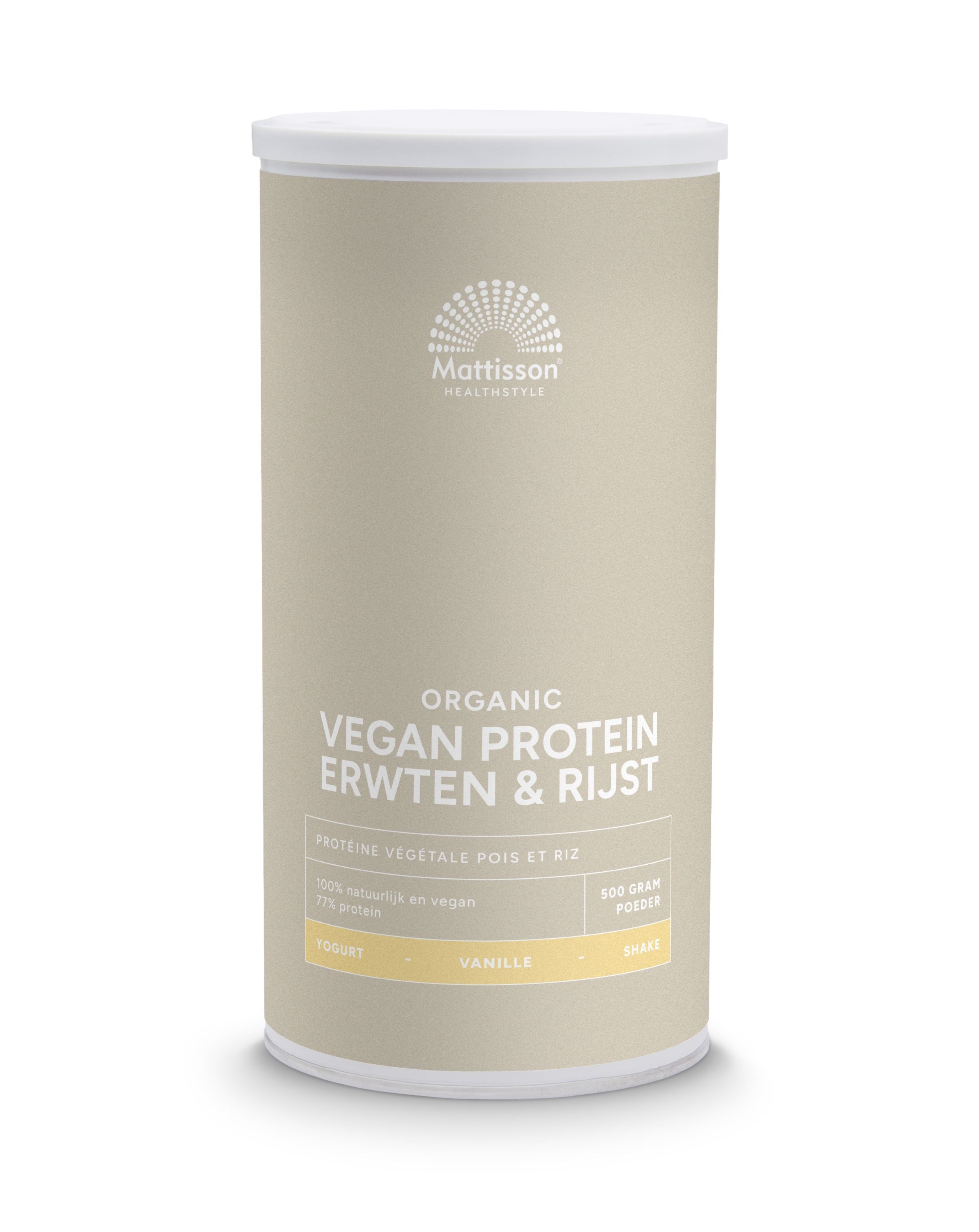 Mattisson vegan protein powder with pea and rice, vanilla flavor, 500g bio sport nutrition product.