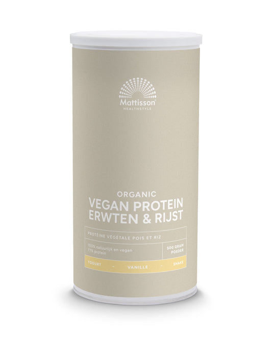 Mattisson vegan protein powder with pea and rice, vanilla flavor, 500g bio sport nutrition product.
