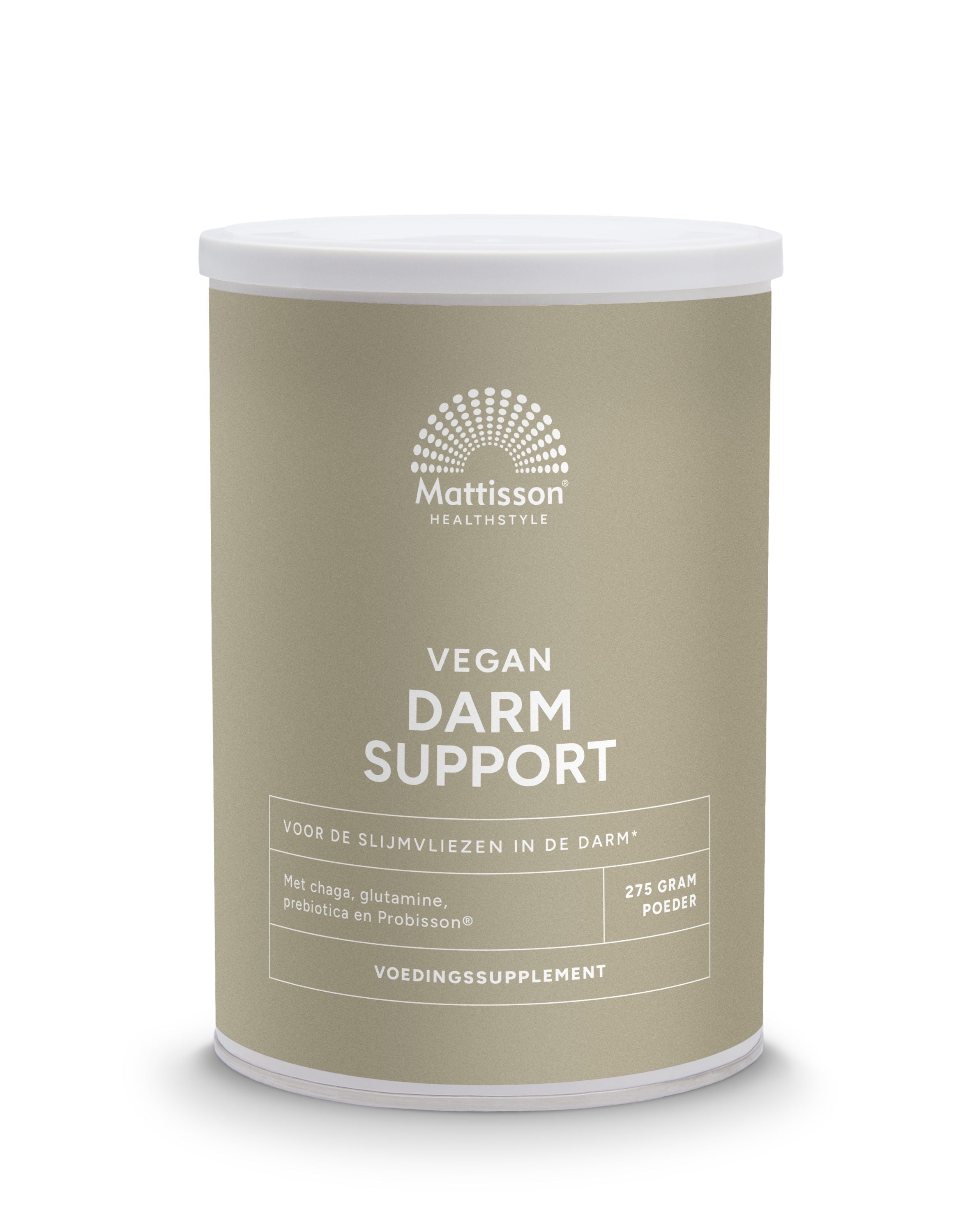 Mattisson Darm support dietary supplement in 275g container, featuring herbal ingredients for digestive health.