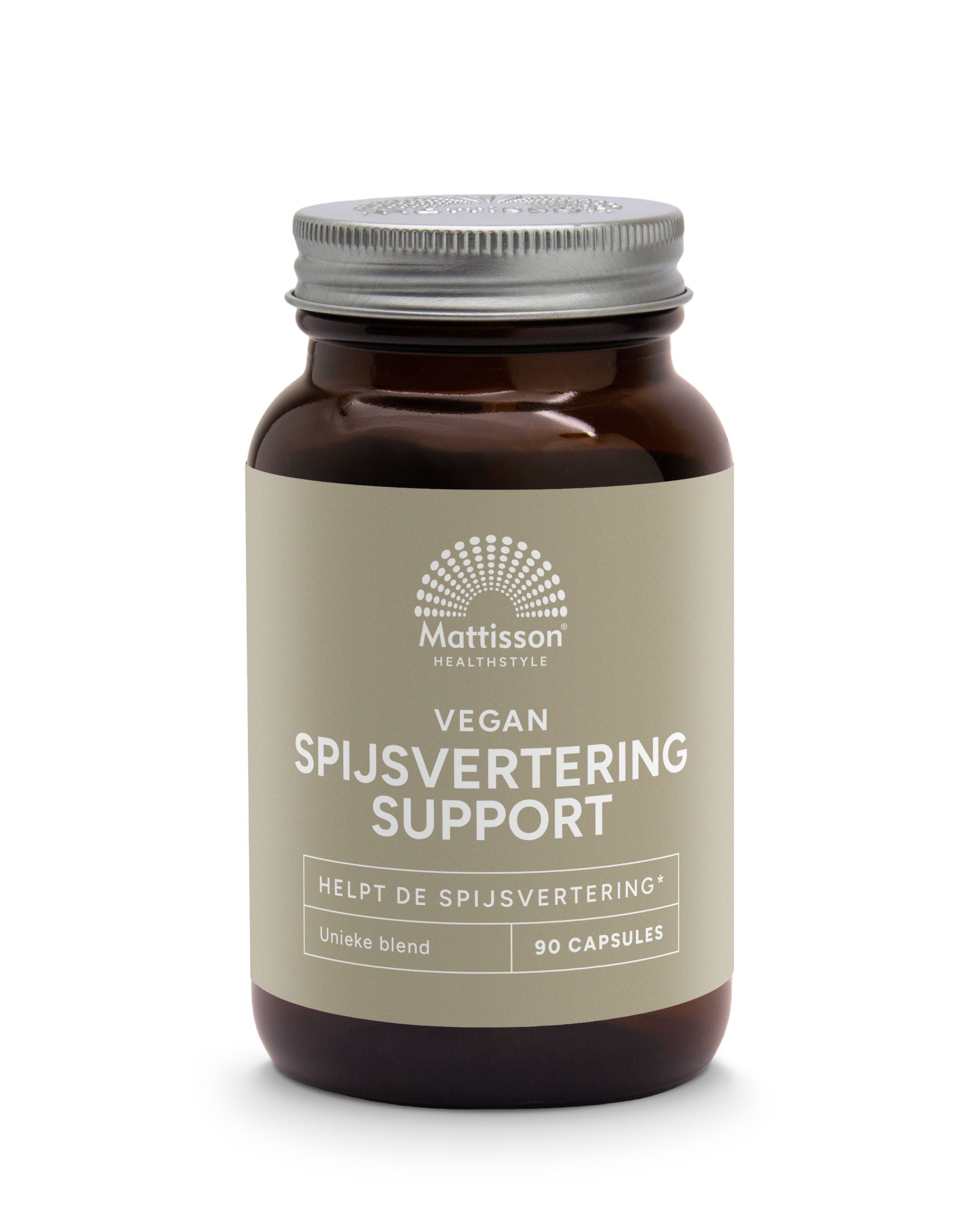 Mattisson Spijsvertering support capsules, dietary supplement with herbal ingredients for digestive health, shown in a jar.