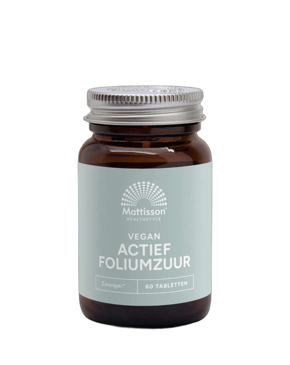 Mattisson Actief foliumzuur Quatrefolic 400mcg vitamin tablets, close-up of 60 tablets in a bottle.