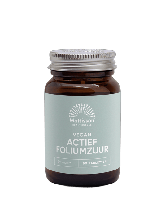Mattisson Actief foliumzuur Quatrefolic 400mcg vitamin tablets, close-up of 60 tablets in a bottle.