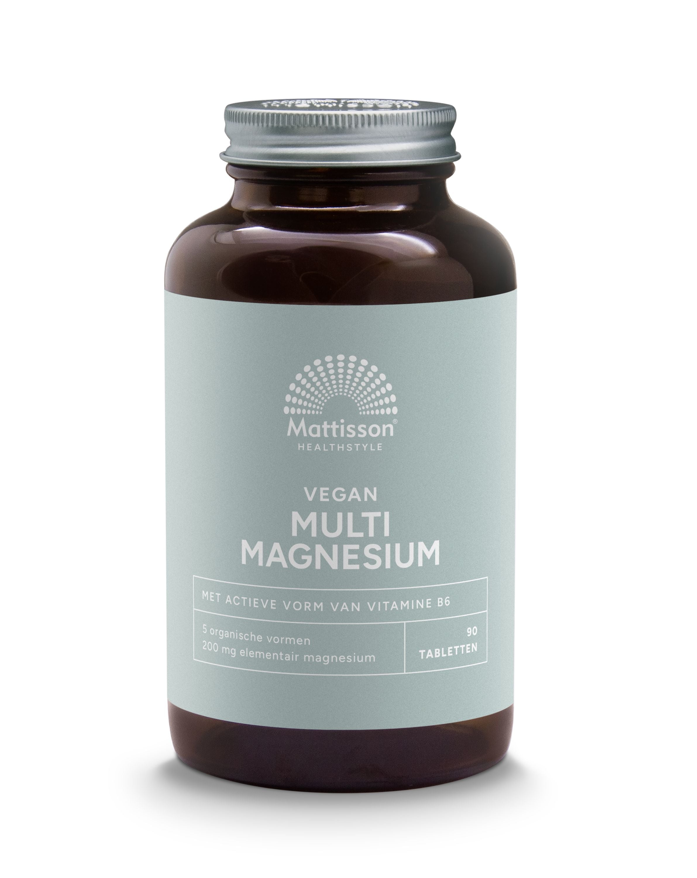 Vegan Mattisson Multi Magnesium Complex 200 mg supplement tablets, showing 90 tablets in a clear container.