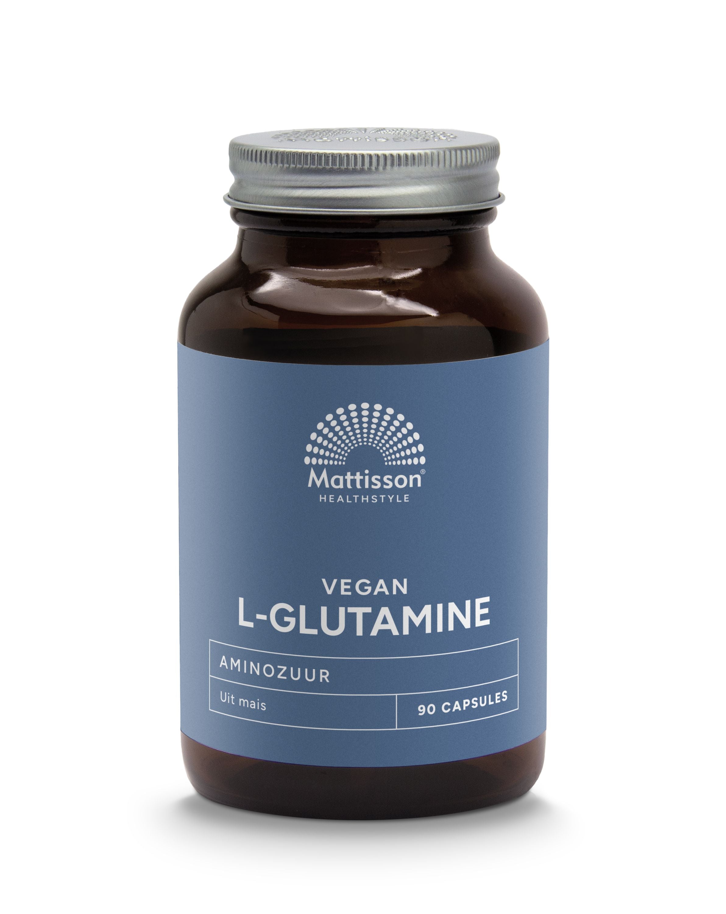 Bottle of Mattisson L-Glutamine 500mg capsules, dietary supplement container with 90 capsules, shown in the image.