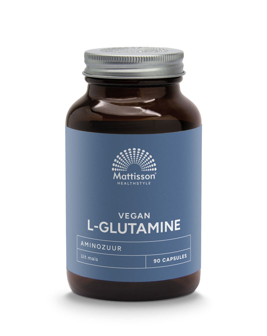 Bottle of Mattisson L-Glutamine 500mg capsules, dietary supplement container with 90 capsules, shown in the image.