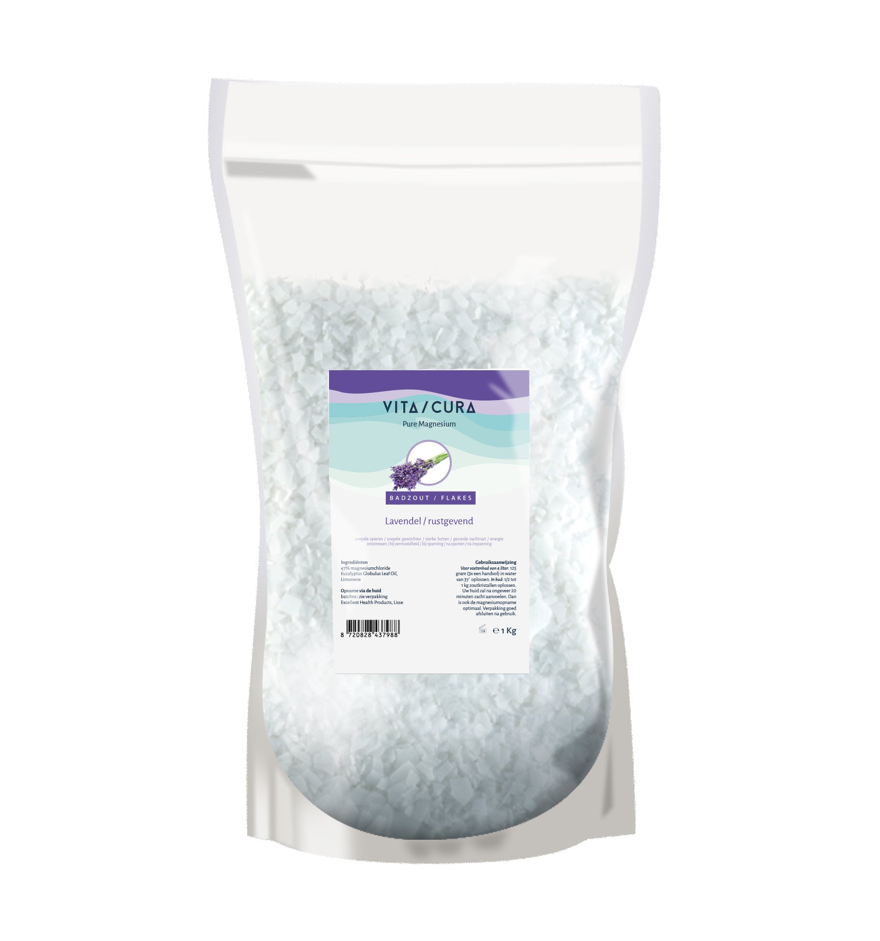Vitacura Magnesium zout flakes lavendel for bath and shower, 1kg, soothing lavender scent in a large container