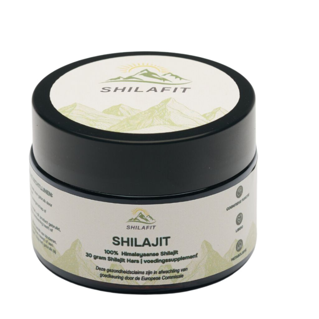 Shilafit Shilajit resin mineral supplement in 30g jar, showing dark, sticky resin with natural mineral textures
