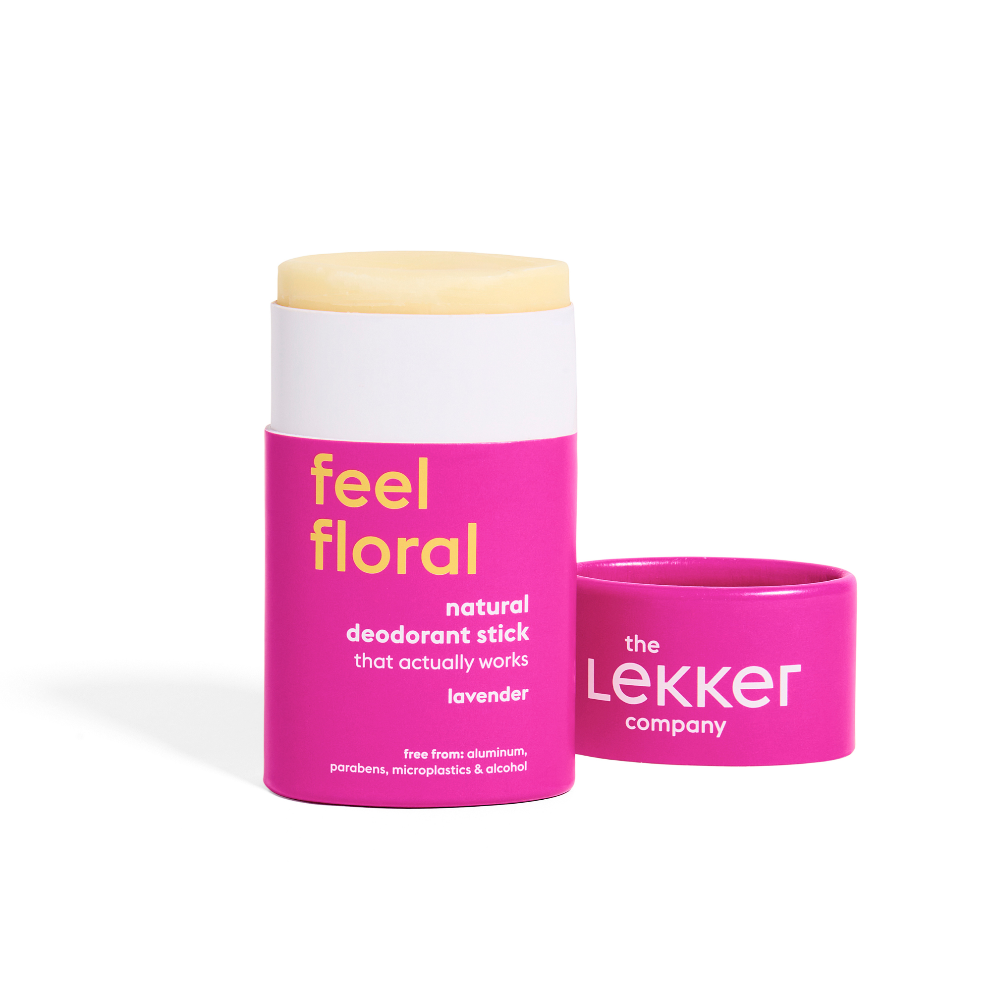 Lekker Company lavender deodorant stick, 40g, with a sleek container and lavender scent visible in the image.