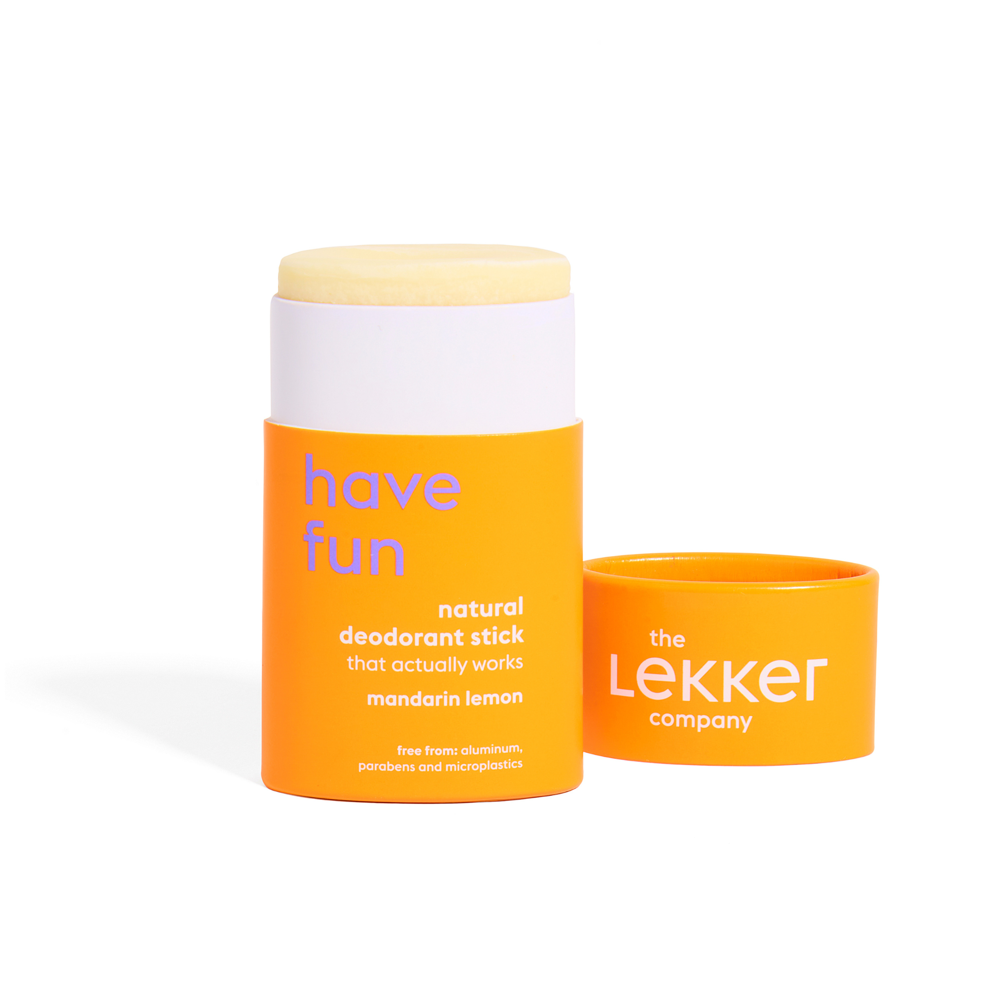 Lekker Company mandarijn and citroen deodorant stick, 40g, with a sleek container and fresh citrus scent.