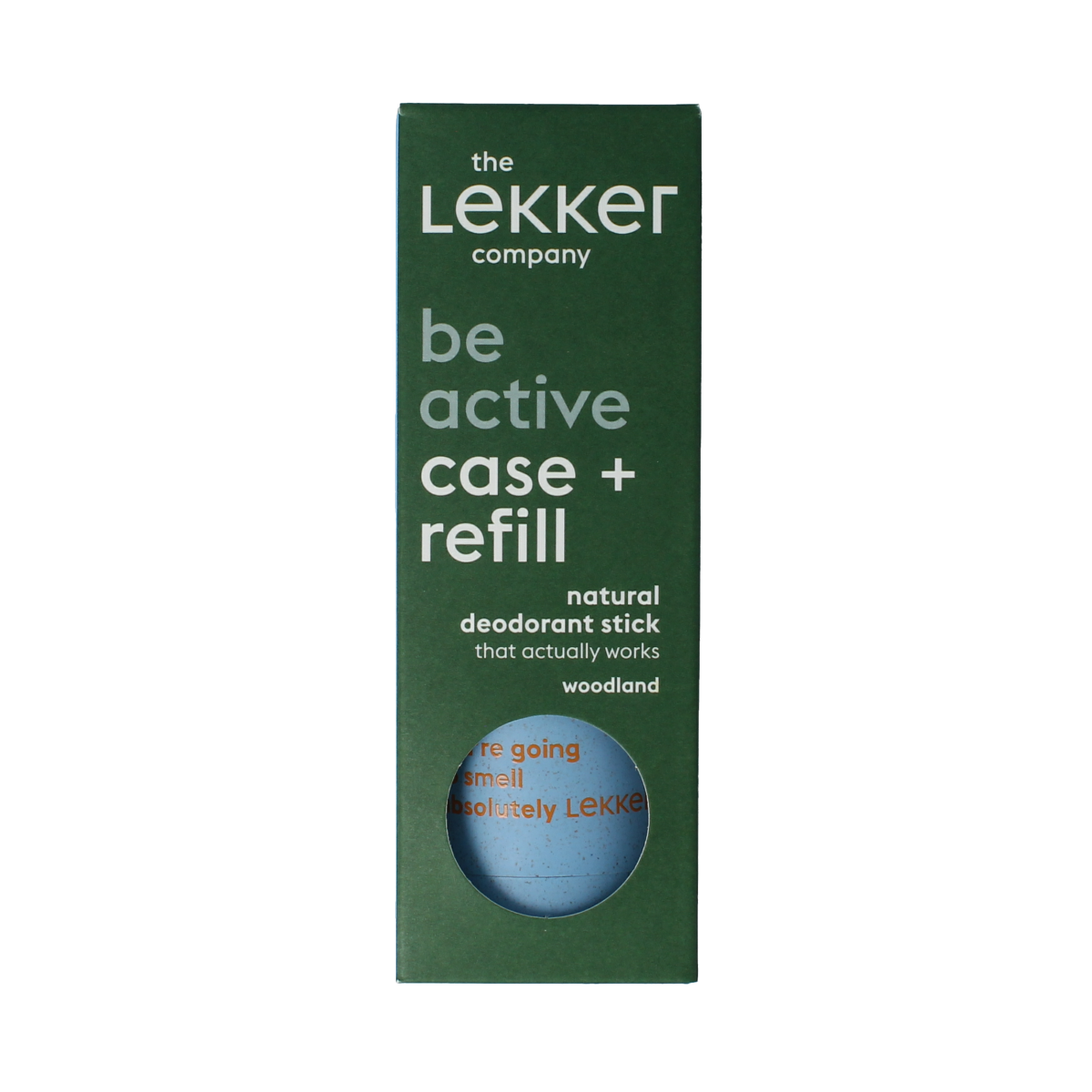Lekker Company Deodorant refill starter be active 40g, natural stick deodorant with fresh scent in a compact container.