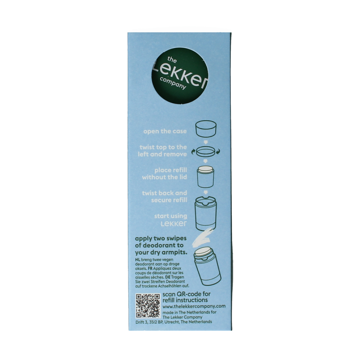 Lekker Company Deodorant refill starter be active in 40g, showing the compact deodorant container with refill packaging.
