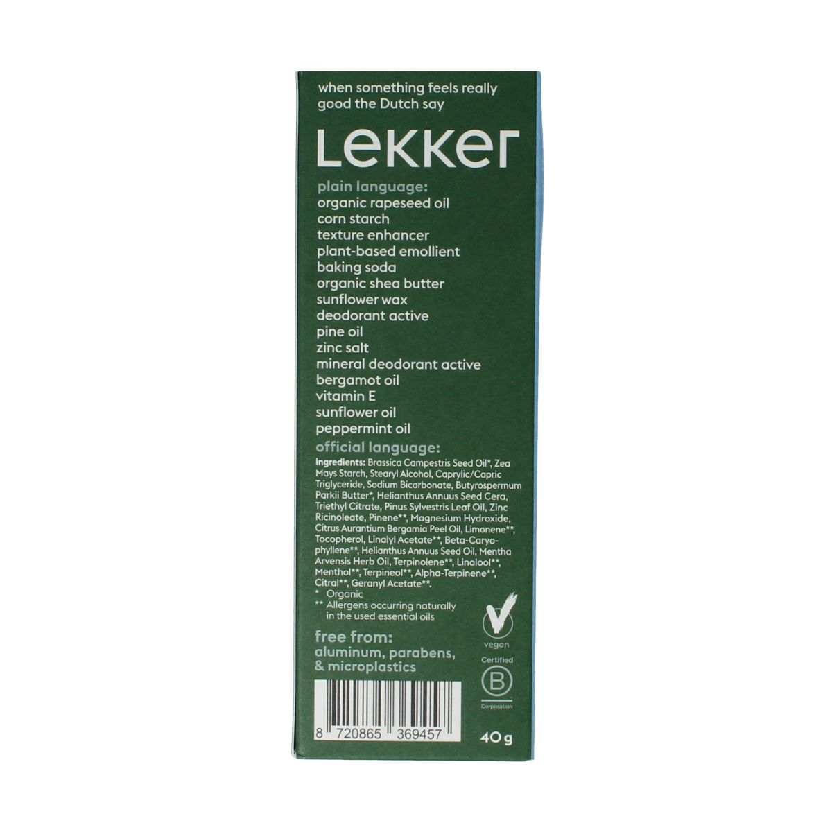 Lekker Company Deodorant refill starter pack Be Active, 40g, natural deodorant in a compact container with label and branding.