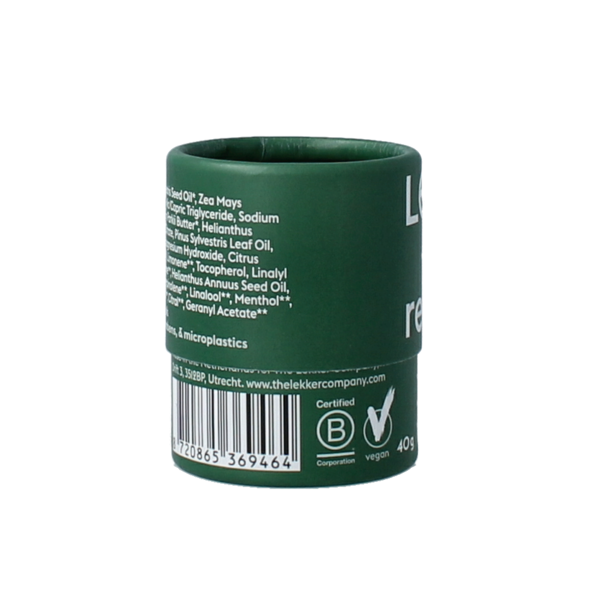 Lekker Company Deodorant refill be active, 40g, with natural packaging and product label visible.