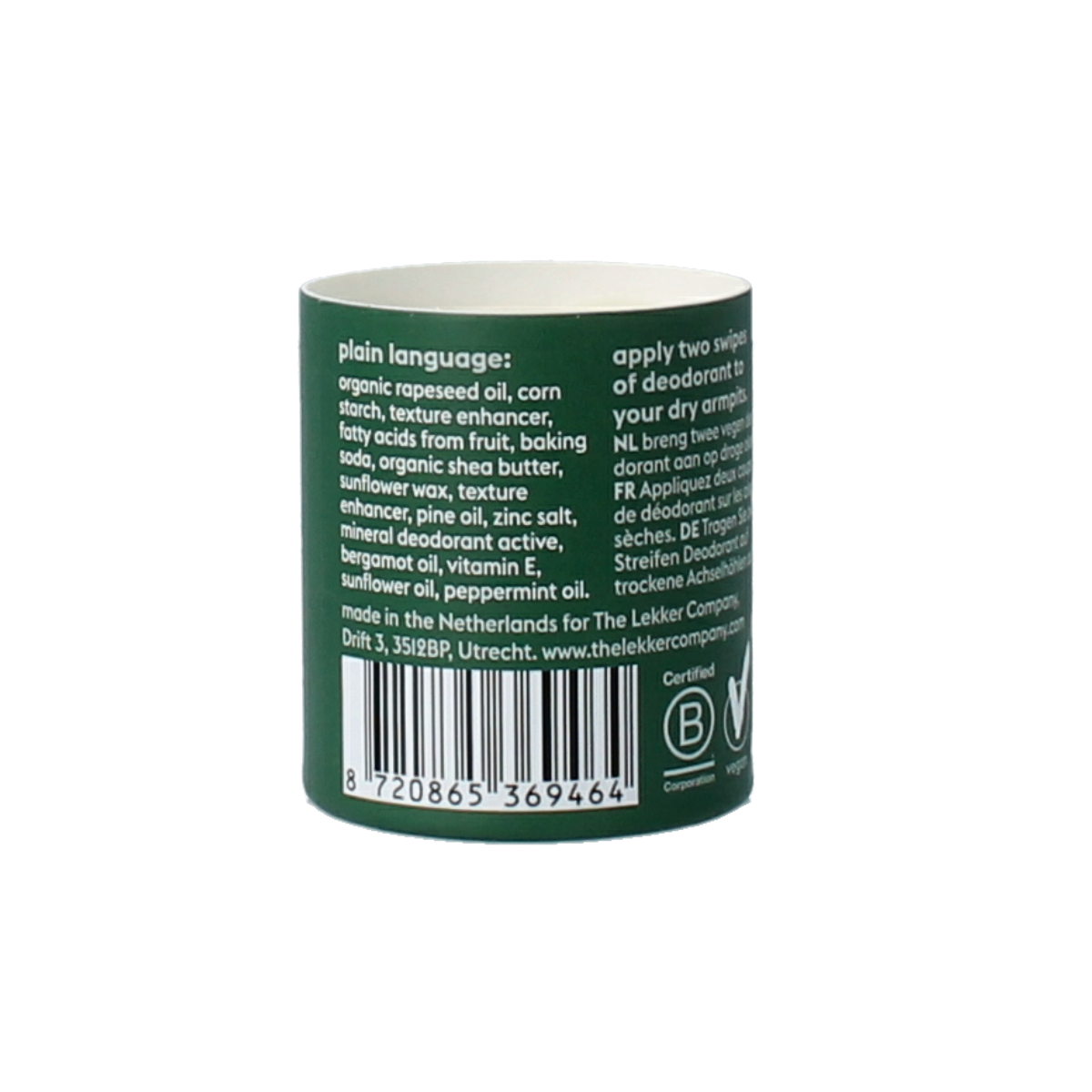 Lekker Company Deodorant Refill Be Active 40g, natural deodorant with fresh scent, in a sleek refill packaging.