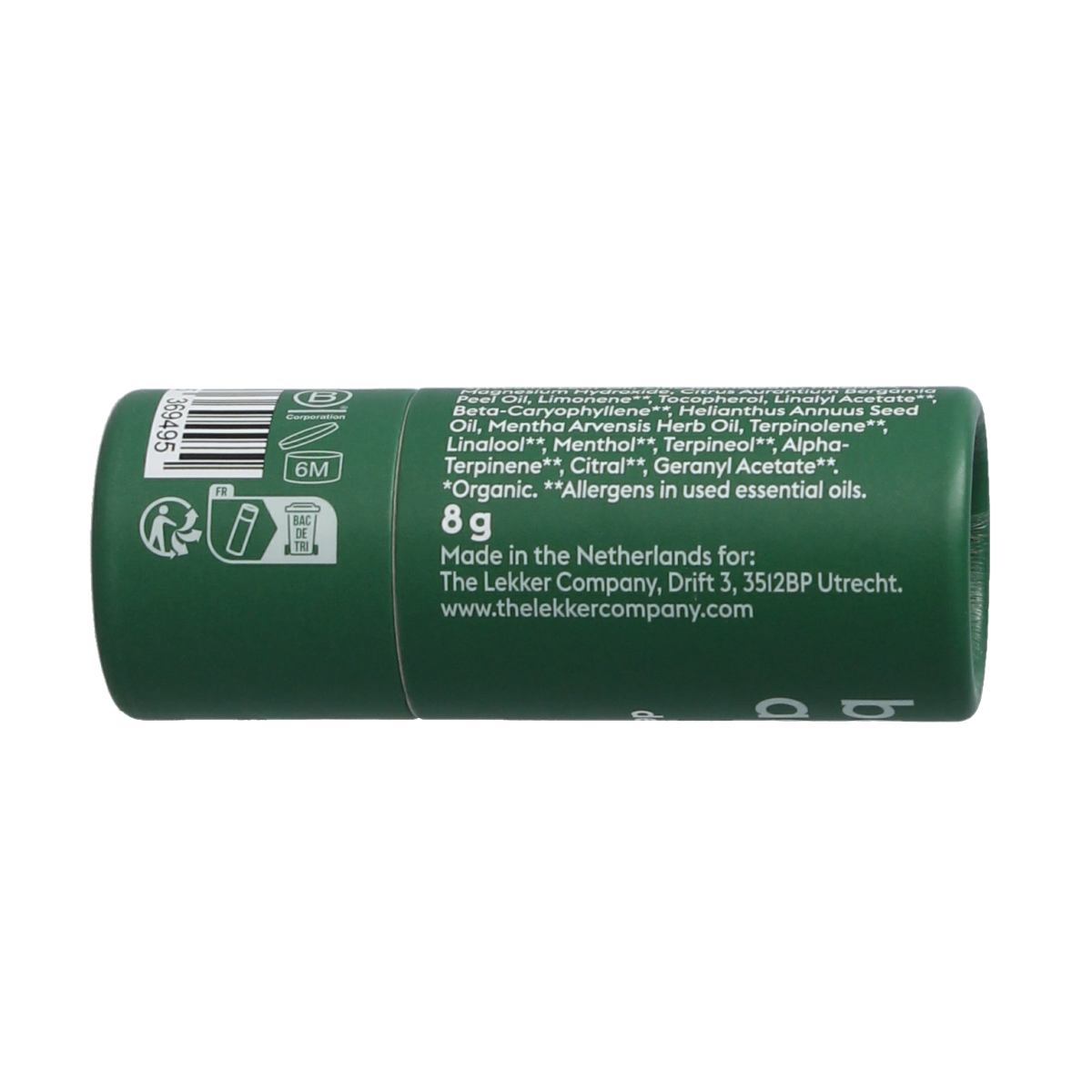 Lekker Company Deodorant travel size 8g in a sleek container, designed for active use and on-the-go freshness.