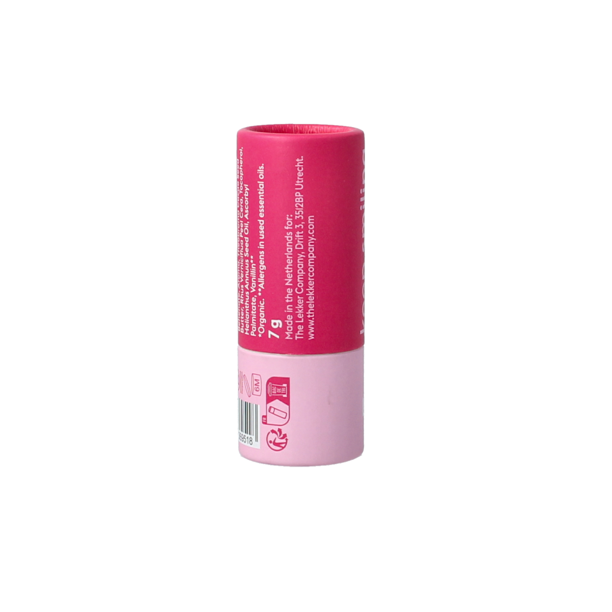 Lekker Company raspberry lip balm stick, 7g, moisturizing lip care product with raspberry flavor in a sleek tube.