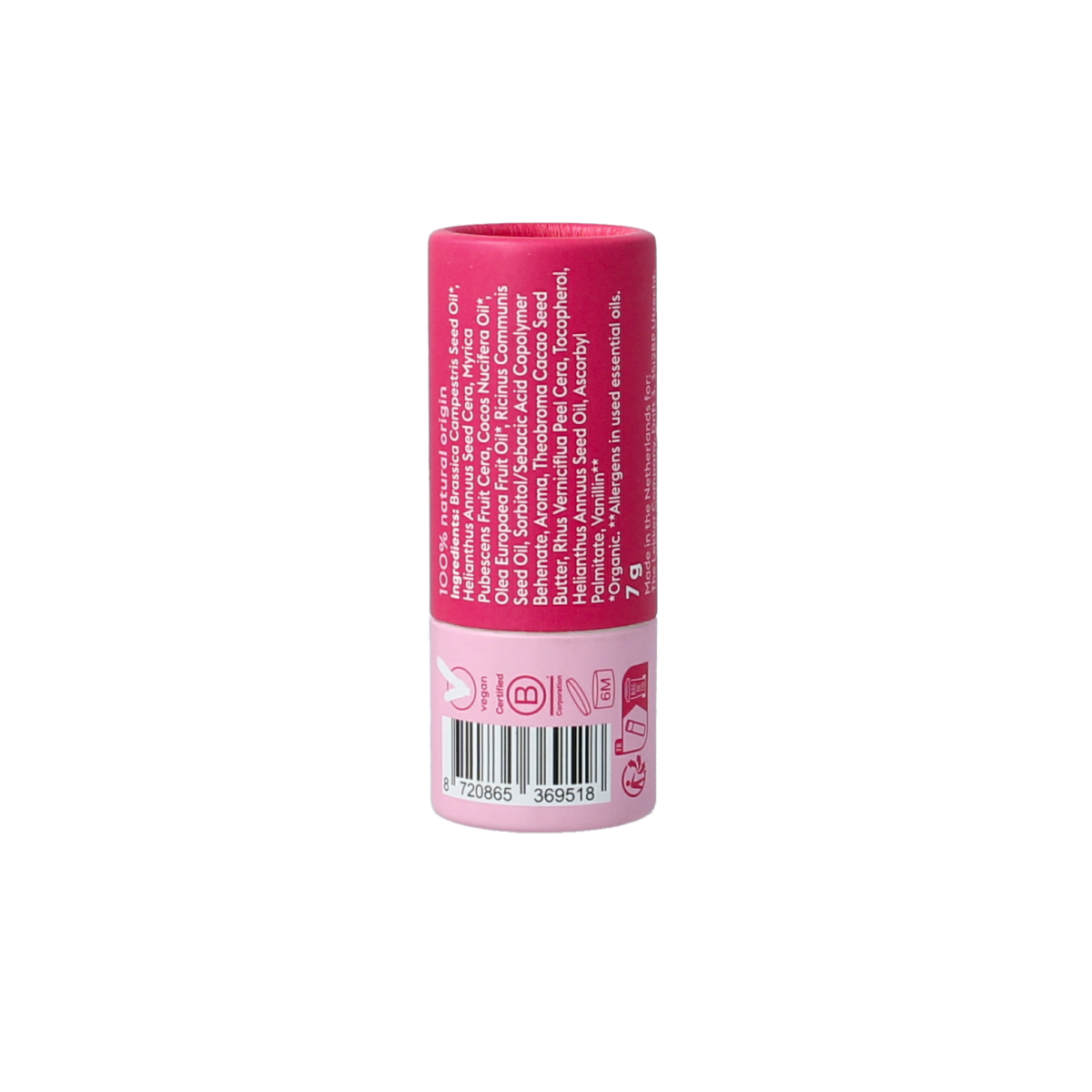 Lekker Company raspberry lip balm stick, 7g, in a sleek tube, featuring a vibrant pink color and raspberry flavor for nourishing lip care.
