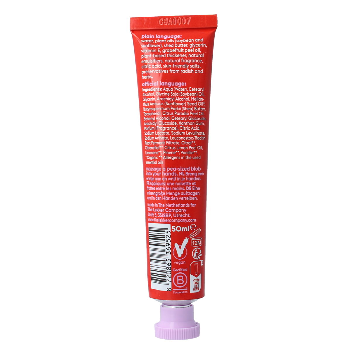 Lekker Company Touch Me handcreme in 50ml tube, moisturizing hand care with a smooth texture, designed for soft, hydrated hands.