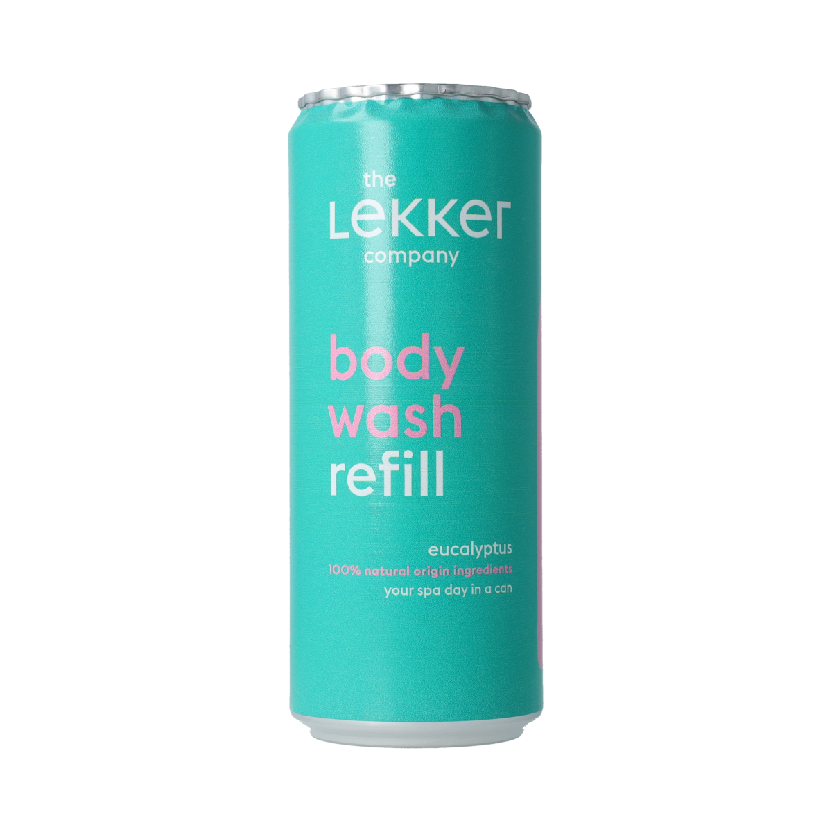 Lekker Company eucalyptus body wash refill bottle, 330ml, for bath and shower use, with a green and white label.