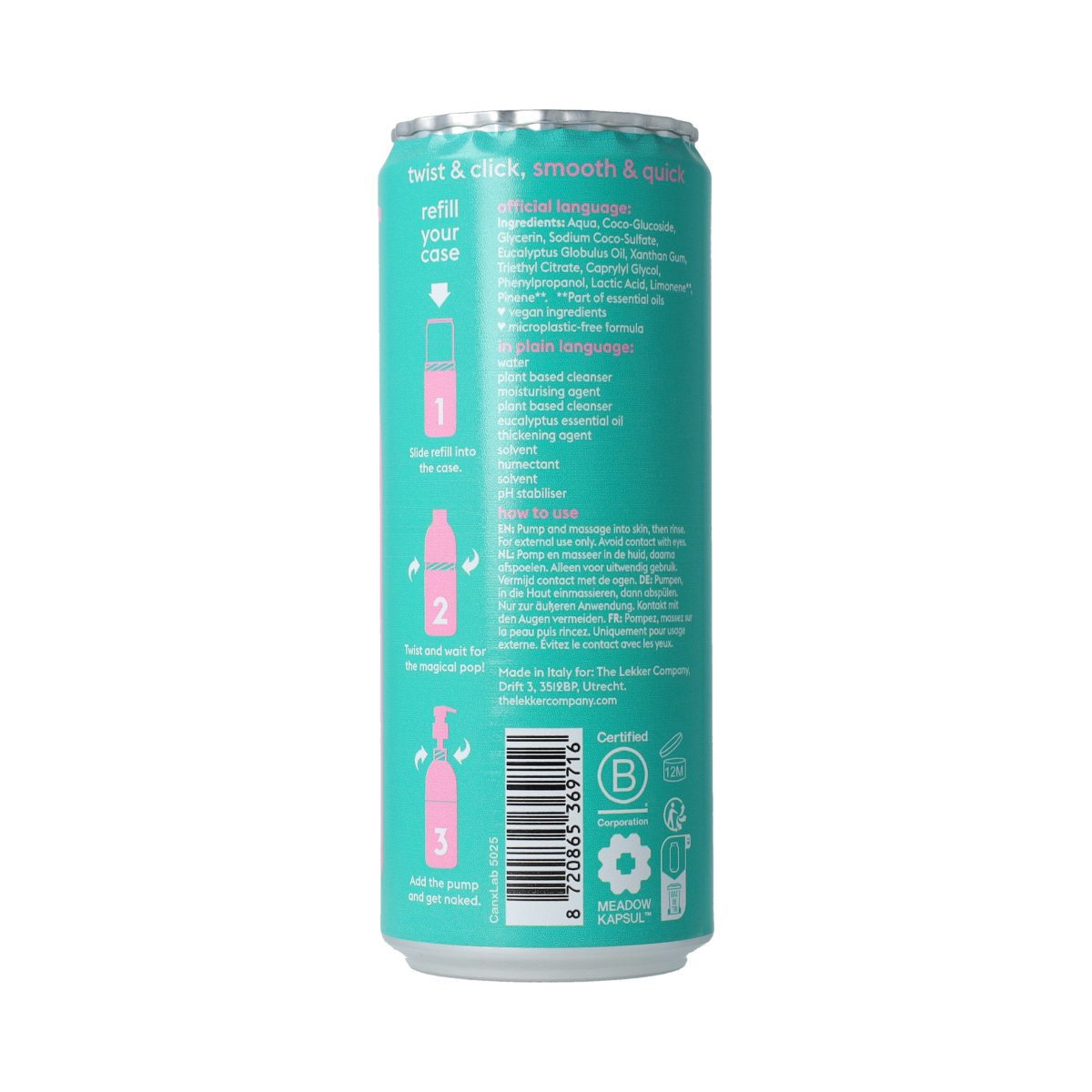 Lekker Company eucalyptus body wash refill bottle, 330ml, for bad en douche skincare, with a fresh eucalyptus scent.