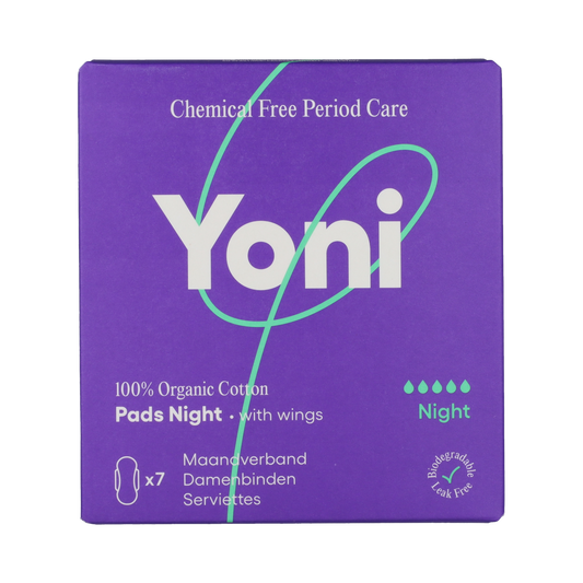Yoni night menstrual pads and tampons pack with 7 disposable cloth pads for women, designed for overnight comfort and protection.