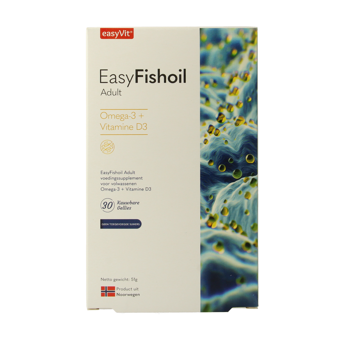 EasyVit Easyfishoil adult gummies, Vetzuren supplement, showing 30 orange fish-shaped gummies in a clear container.