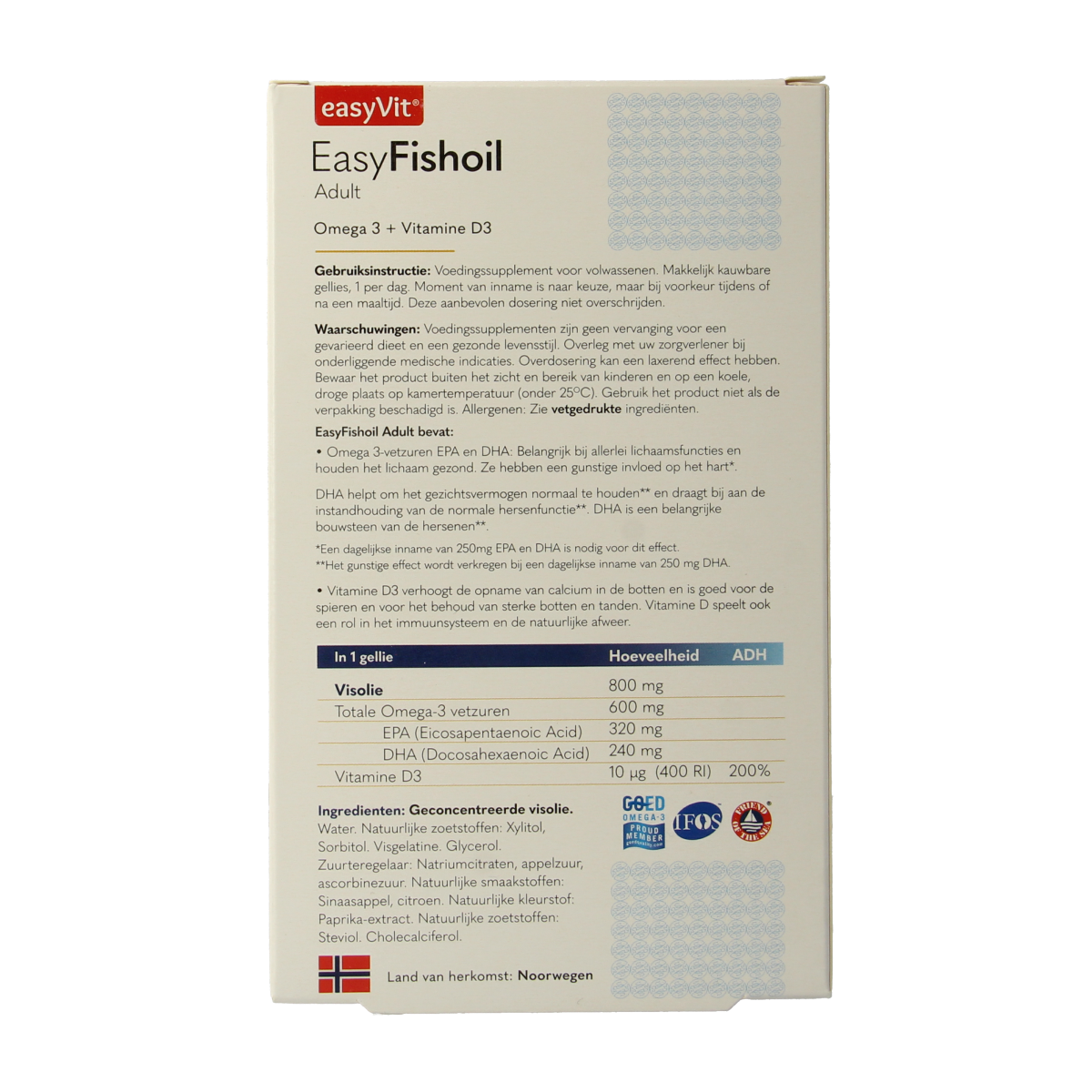 EasyVit Easyfishoil adult gummies, Vetzuren supplement in a clear container with 30 gummies, showing fish oil content.
