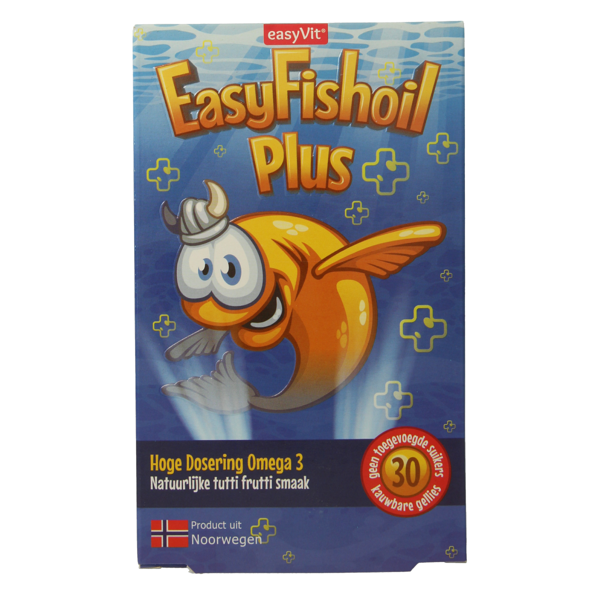 EasyVit EasyfishOil Plus Vetzuren gummies in a bottle, showing the colorful fish-shaped supplement for healthy omega-3 intake.