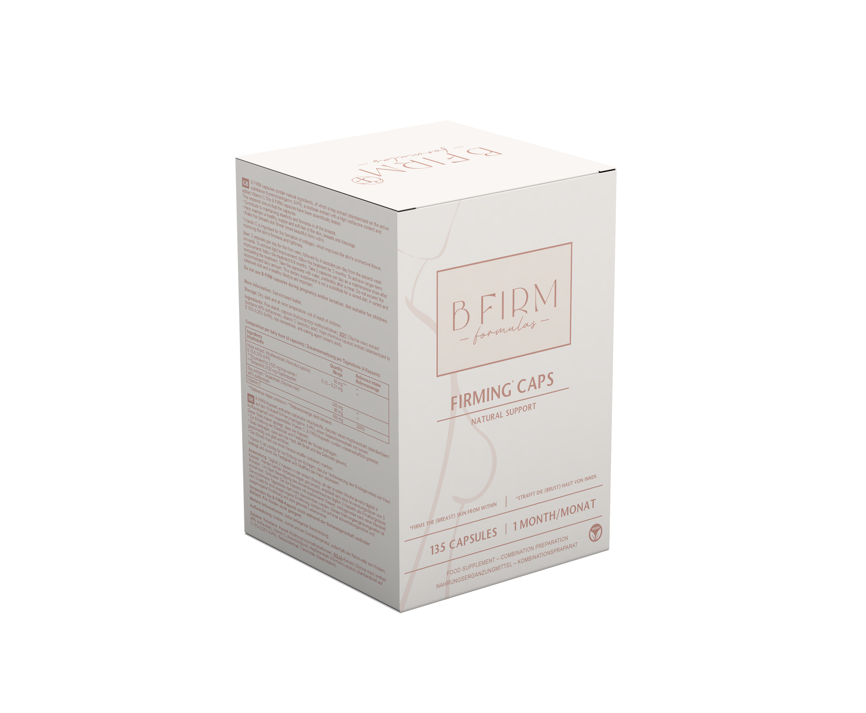 B-Firm Formulas skin firming capsules, herbal supplement in a bottle with 135 capsules, natural skin support product