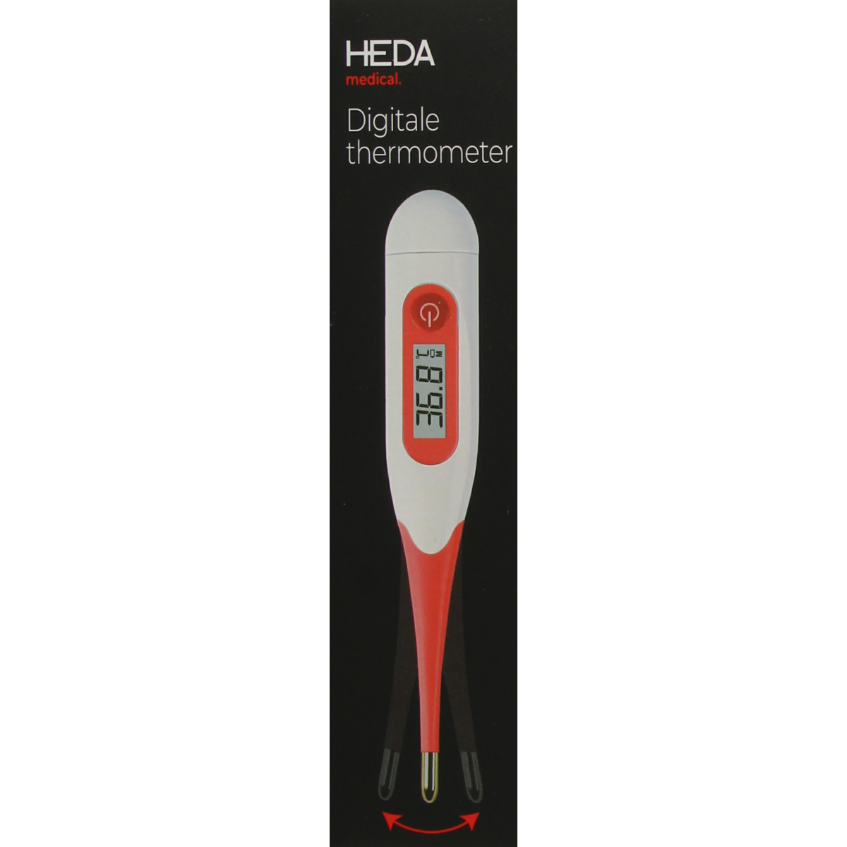 HEDA luxe thermometer measuring body temperature in 10 seconds, digital display, compact and easy to use.