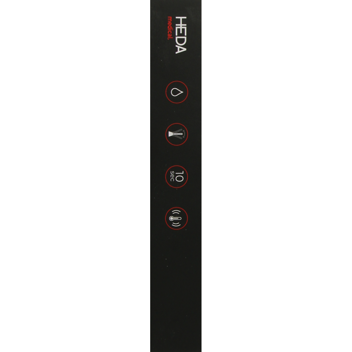 HEDA Luxe thermometer showing digital display, designed for quick 10-second temperature readings, single unit in packaging.