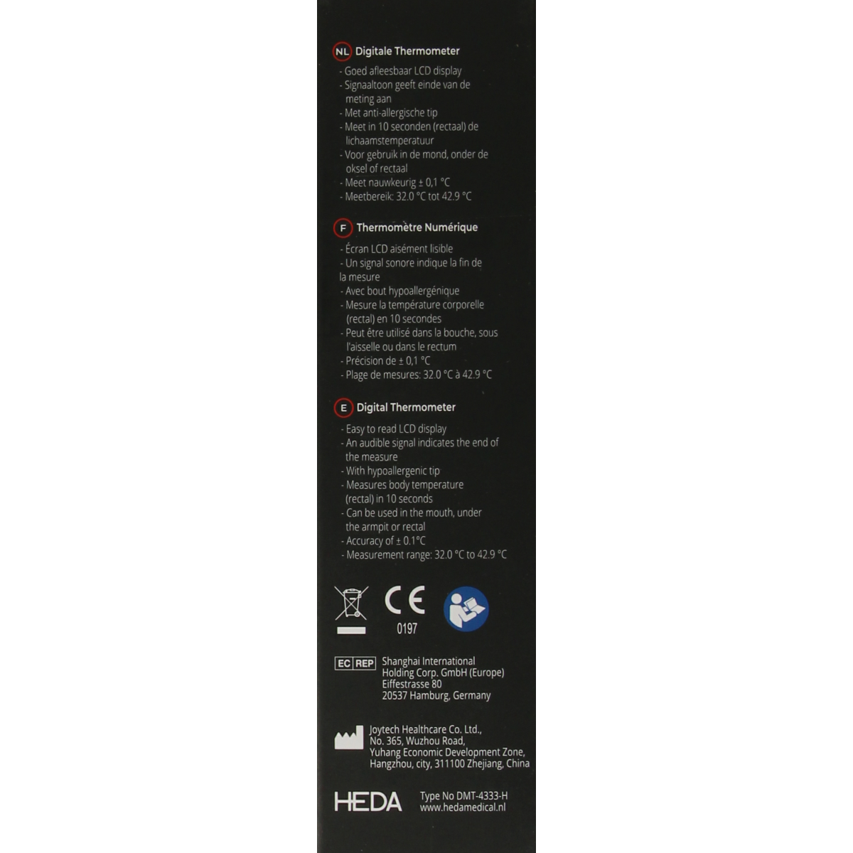 HEDA Luxe thermometer measuring temperature in 10 seconds, close-up of the sleek digital device with display screen.